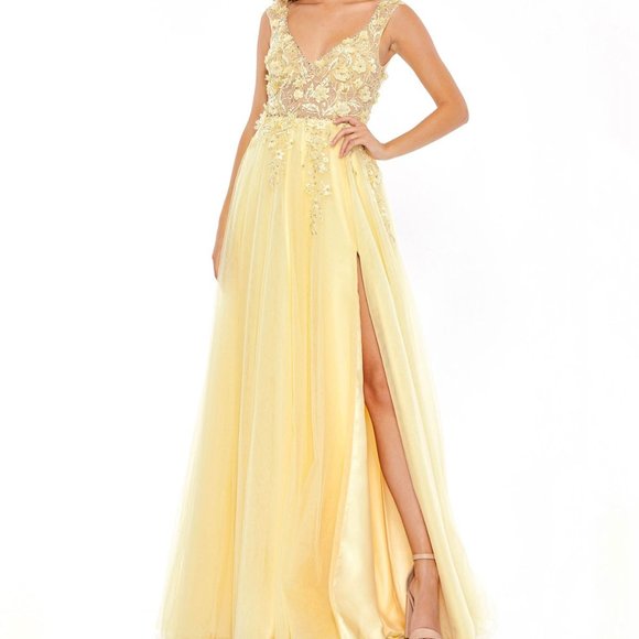 NWT MAC DUGGAL EMBELLISHED ILLUSION BUSTIER A LINE TULLE GOWN YELLOW 12 11201 - Picture 1 of 7